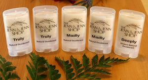 Small clear tubes of natural deodorant that includes 3 different scents. The tubes are 15 ml in size.